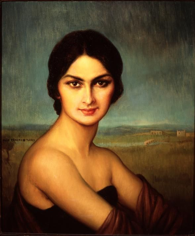 Retrato de una mujer andaluza morena, mirando de frente mientras su cuerpo está girado a la derecha. Tiene los hombros descubiertos, vestida con un vestido negro escotado y con los brazos cubiertos por lo que parece unos guantes granates. El fondo es un paisaje lejano