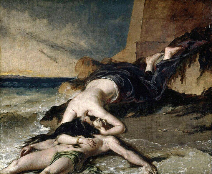 Cuadro de William Etty mostrando la tragedia de Hero y Leandro.