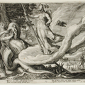 Grabado en blanco y negro de Hendrik Goltzius que representa al héroe mitológico Cadmo sembrando los dientes del dragón. En un paisaje boscoso, la diosa Minerva observa desde el aire mientras guerreros armados brotan de la tierra y luchan entre sí