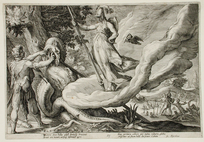 Grabado en blanco y negro de Hendrik Goltzius que representa al héroe mitológico Cadmo sembrando los dientes del dragón. En un paisaje boscoso, la diosa Minerva observa desde el aire mientras guerreros armados brotan de la tierra y luchan entre sí