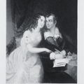 Grabado representando a Byron y a su amante Marianna Segati en actitud cariñosa, mirándose a los ojos mientras Byron parece que escribe
