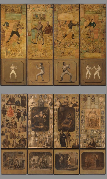 Fotografía del biombo hecho con recortes de la época de boxeadores en un lado y en el posterior, lleno de personajes literarios y aristocráticos