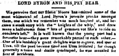Recorte de periódico en inglés hablando sobre el oso de lord Byron