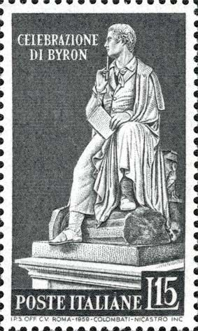 Sello postal italiano en blanco y negro dedicado a la celebración de Byron, con la imagen de una estatua de Lord Byron sentado y los textos «CELEBRAZIONE DI BYRON» y «POSTE ITALIANE».