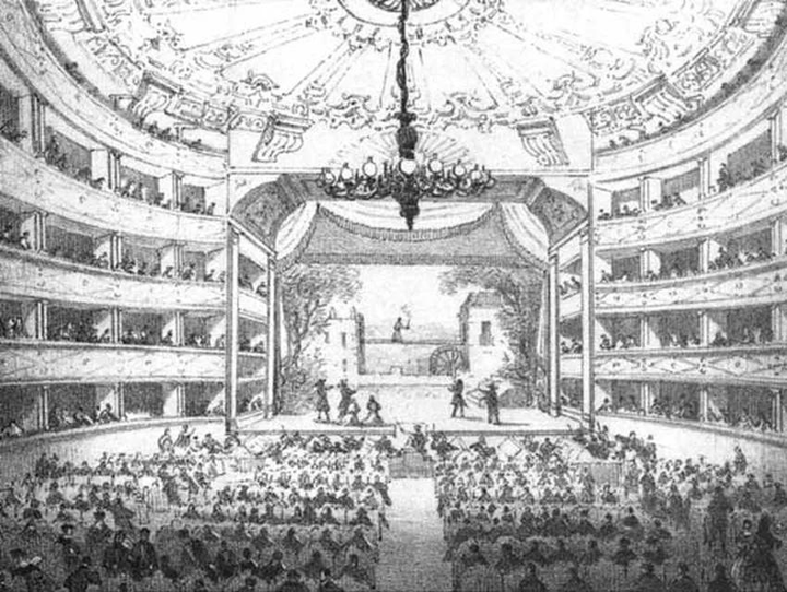 Imagen del teatro Principal donde se ve una representación teatral en el siglo XIX.