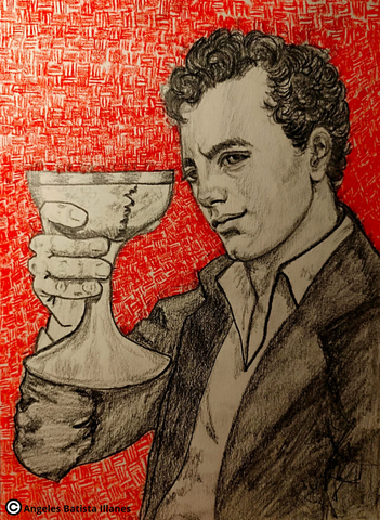 Ilustración de Byron sosteniendo en modo brindis su famosa copa cráneo.