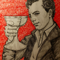 Ilustración de Byron sosteniendo en modo brindis su famosa copa cráneo.