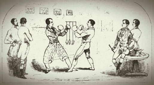 Dibujo representando a Byron boxeando con Jackson, rodeado a cada lado por un par de caballeros decimonónicos.