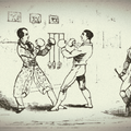 Dibujo representando a Byron boxeando con Jackson, rodeado a cada lado por un par de caballeros decimonónicos.