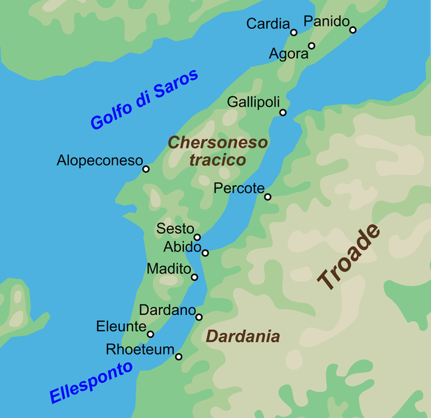 Mapa de la localización del estrecho de los Dardanelos