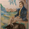 Ilustración con Byron sentado en una silla mirando al frente con una casaca azul y pantalones marrones con su perro Boatswain descansando a sus pies fielmente