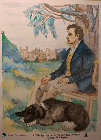 Ilustración con Byron sentado en una silla mirando al frente con una casaca azul y pantalones marrones con su perro Boatswain descansando a sus pies fielmente