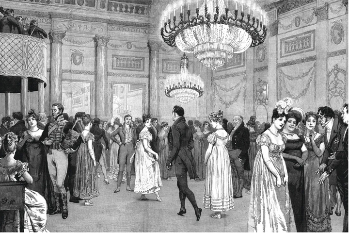 Grabado en blanco y negro que muestra una escena típica de un baile de la Regencia inglesa.