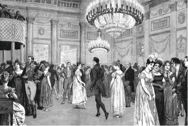 Grabado en blanco y negro que muestra una escena típica de un baile de la Regencia inglesa.
