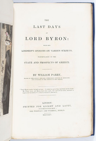 Portada de la primera edición de The last days of Lord Byron, por William Parry, 1825