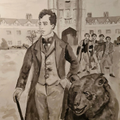 Dibujo en tonos marrones de Lord Byron paseando con su oso por el Trinity College mientras los estudiantes en un segundo plano le observan a distancia