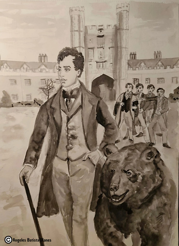 Dibujo en tonos marrones de Lord Byron paseando con su oso por el Trinity College mientras los estudiantes en un segundo plano le observan a distancia