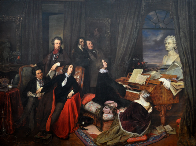 Cuadro que representa a Liszt tocando el piano acompañado de Paganini, Rossini, Víctor Hugo, Alexandre Dumas, George Sand y la mujer de Liszt, con un busto de Beethoven sobre el piano y un retrato de Byron presidiendo la estancia.