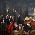 Cuadro que representa a Liszt tocando el piano acompañado de Paganini, Rossini, Víctor Hugo, Alexandre Dumas, George Sand y la mujer de Liszt, con un busto de Beethoven sobre el piano y un retrato de Byron presidiendo la estancia.