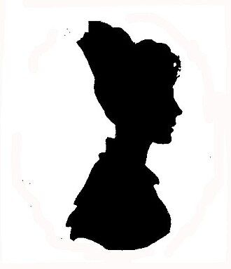 Silueta de una joven mirando hacia la derecha con un moño alto y lo que parecen unos rizos en la frente.