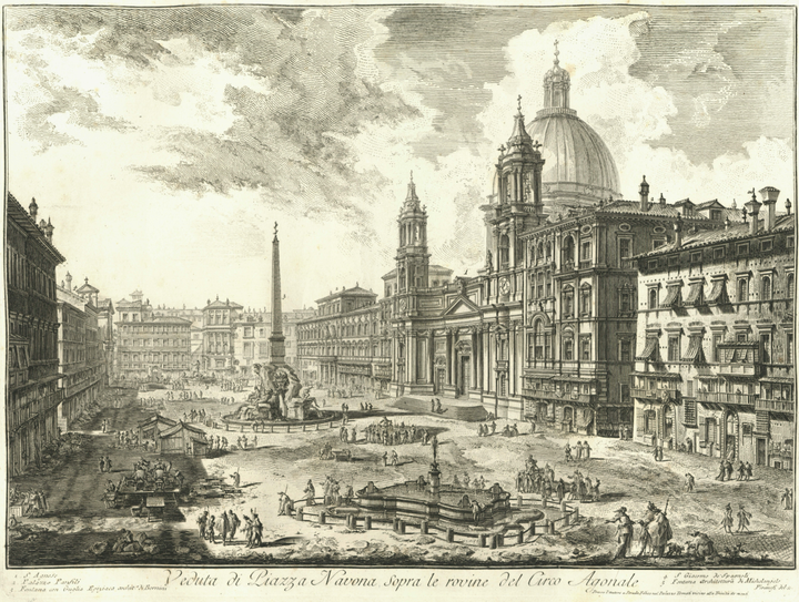 Grabado de una vista amplia de la Piazza Navona con sus icónicas fuentes, en una escena cotidiana de la época.