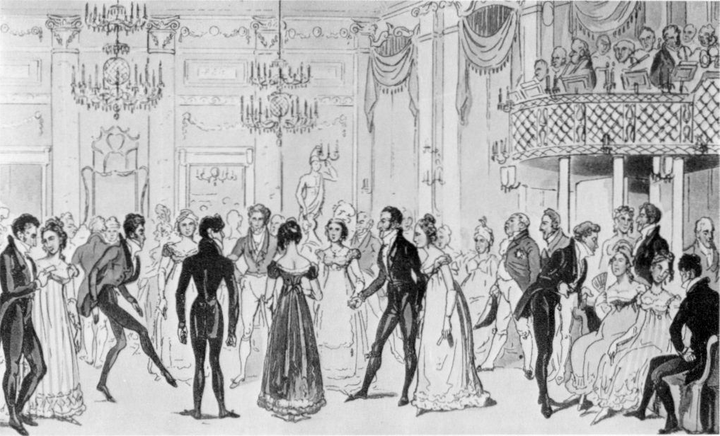 Dibujo de un baile en la época de la regencia con hombres lleno de hombres y mujeres bailando.
