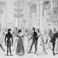 Dibujo de un baile en la época de la regencia con hombres lleno de hombres y mujeres bailando.