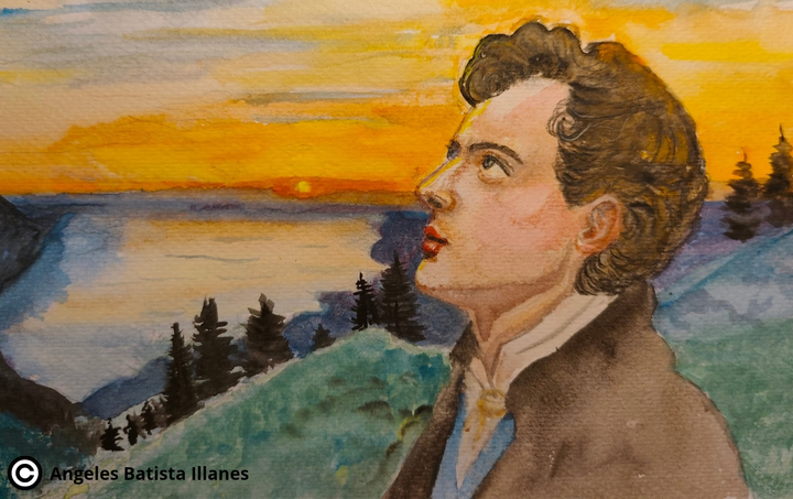 Ilustración mostrando a un Lord Byron pensativo y mirando al cielo, con el Lago Leman de fondo.