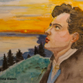 Ilustración mostrando a un Lord Byron pensativo y mirando al cielo, con el Lago Leman de fondo.
