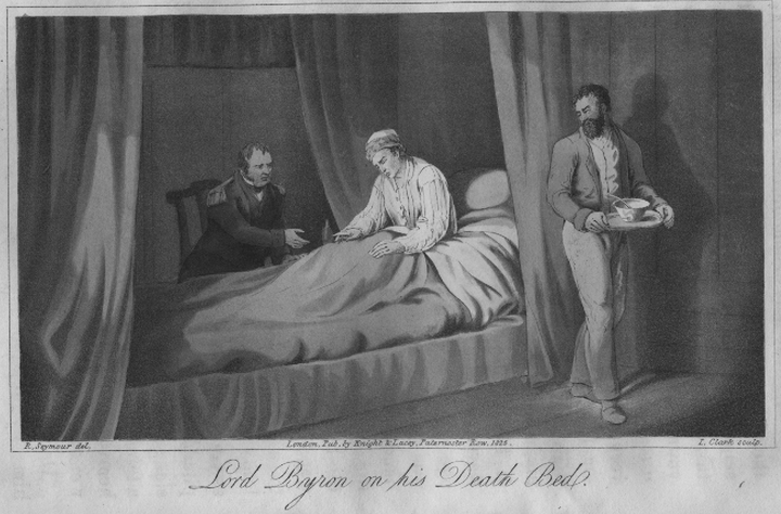 Grabado en blanco y negro con Lord Byron recostado en la cama, con Parry sentado a su lado en una silla y uno de los criados a la derecha de la imagen llevando una bandeja con un tazón