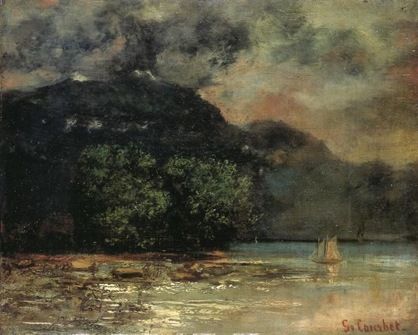 Cuadro de tonos oscuros que muestra el lago Ginebra con nubes de tormenta.