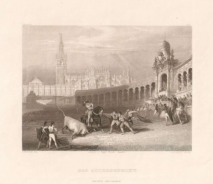 Grabado decimonónico de una corrida de toros con Sevilla al fondo.