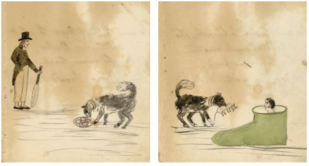 El dibujo de la izquierda muestra un dibujo simple de Lord Byron con sombrero y su perro a la derecha comiendo de un plato. En el otro dibujo está Byron metido en una bota gigante verde y su perro ofreciéndole un animalillo