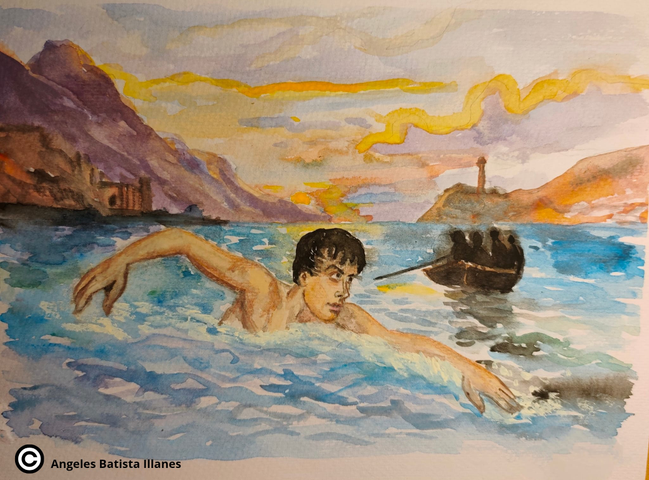 Ilustración de Angeles Batista con un Byron exhausto cruzando a nado el Helesponto