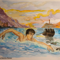 Ilustración de Angeles Batista con un Byron exhausto cruzando a nado el Helesponto