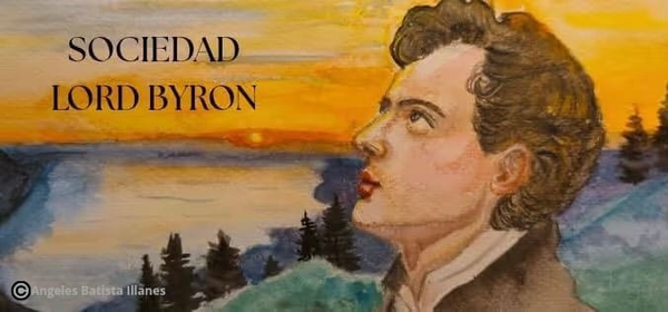 Ilustración de Lord Byron con el lago Leman de fondo.