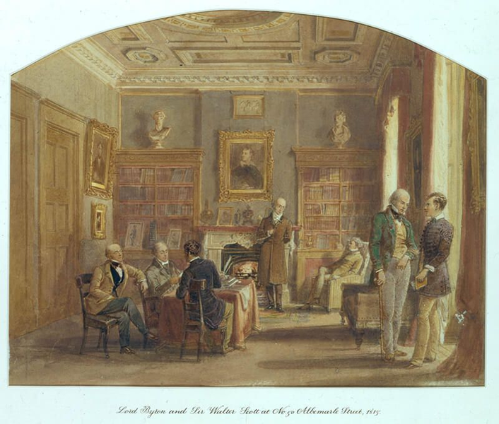 Cuadro de la editorial Murray donde narra el primer encuentro de Lord Byron y Sir Walter Scott, que se encuentran en la lado derecho de la imagen.