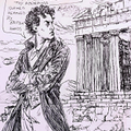 Ilustración a tinta que muestra a un Lord Byron enfadado mirando hacia atrás los restos del Partenón mientras masculla “ Dull is the eye that Will not weep to see Thy walls defaced, thy muldering Shrines removed By british hands…” 