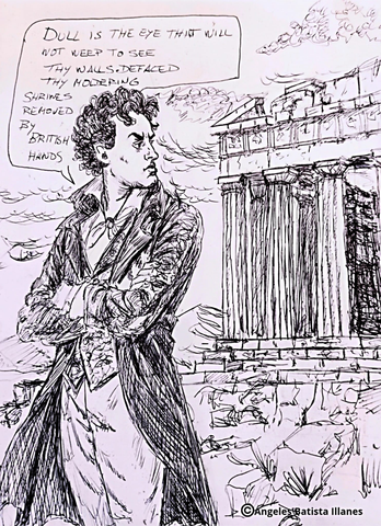 Ilustración a tinta que muestra a un Lord Byron enfadado mirando hacia atrás los restos del Partenón mientras masculla “ Dull is the eye that Will not weep to see Thy walls defaced, thy muldering Shrines removed By british hands…” 