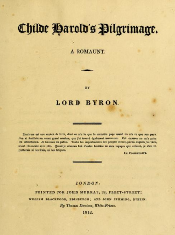 Portada amarilleada de la primera edición de Las peregrinaciones de Childe Harold, publicada por John Murray en 1812.