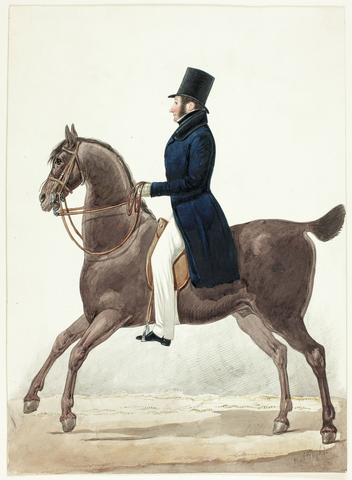 retrato ecuestre de un caballero vestido con levita negra, pantalones blancos y chistera negra, montado en un caballo marrón visto de perfil